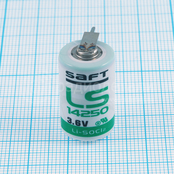 Батарейка 1/2AA 3.6V Lithium LS14250 2PF (1200 mAh) Saft LS (с выводами под пайку) (Li-SOCl2)