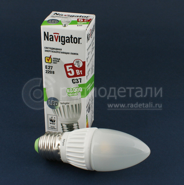 Светодиодная лампа свеча E27 220V 5W 2700K Navigator NLL- P-C37-5-230-2.7K 94481
