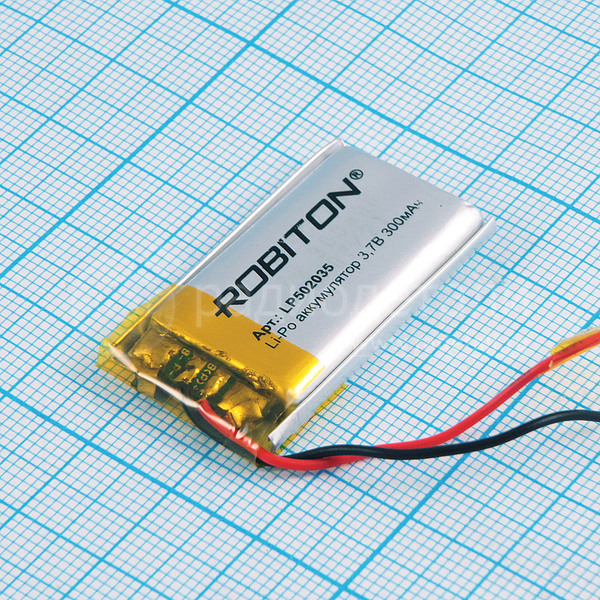 Аккумулятор LP502035 3.7V 300mAh (5х20х35мм) с защитой, с выводами, Robiton