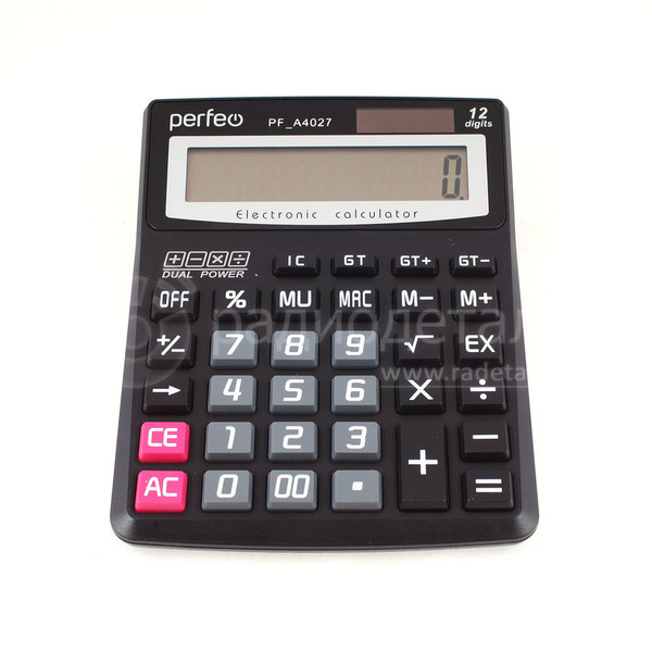 Калькулятор Perfeo 12 разрядов, питание-солнечная батарея + 1хAA(R06), 138х187х32мм