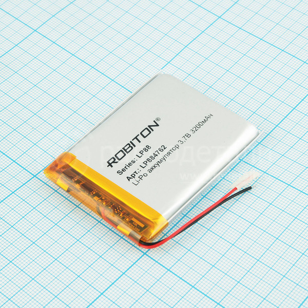 Аккумулятор LP884762 3.7V 3200mAh (8.8х47х62мм) с защитой, с выводами, Robiton