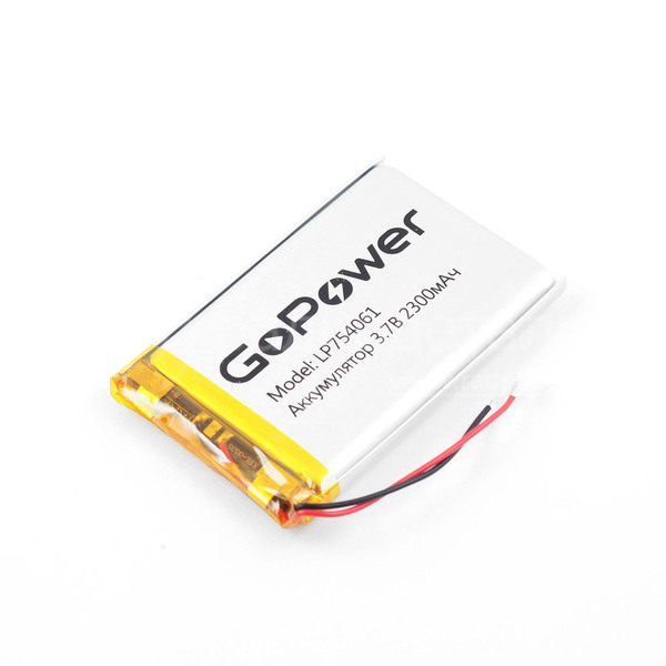 Аккумулятор LP754061 3.7V 2300mAh (7.5х40х61мм) с защитой, с выводами, GoPower